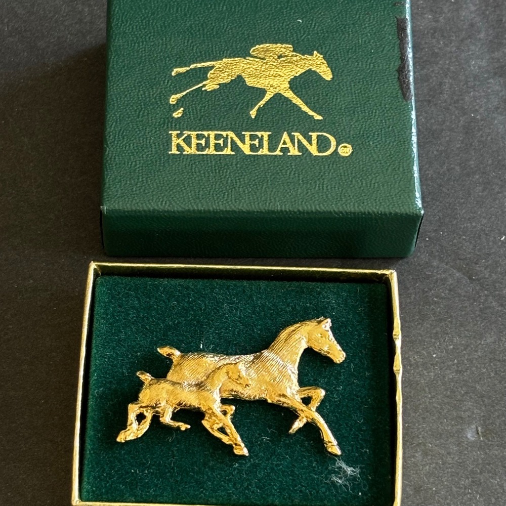 Keeneland Gold Tone Horse Mare and Foal Brooch Pin Mom and Baby Box New